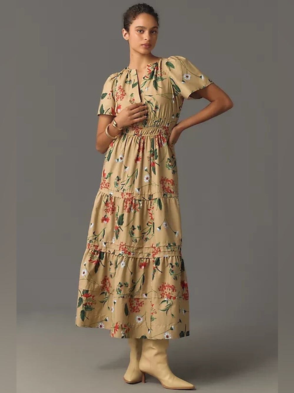Anthropologie The Somerset Maxi Dress Khaki Tan Floral Pockets